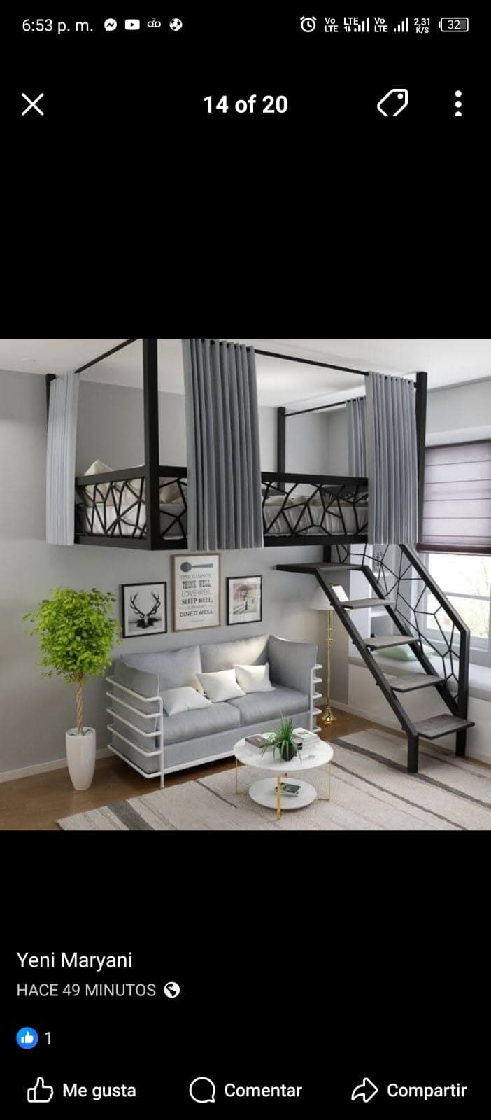 Render 3D litera con sala integrada